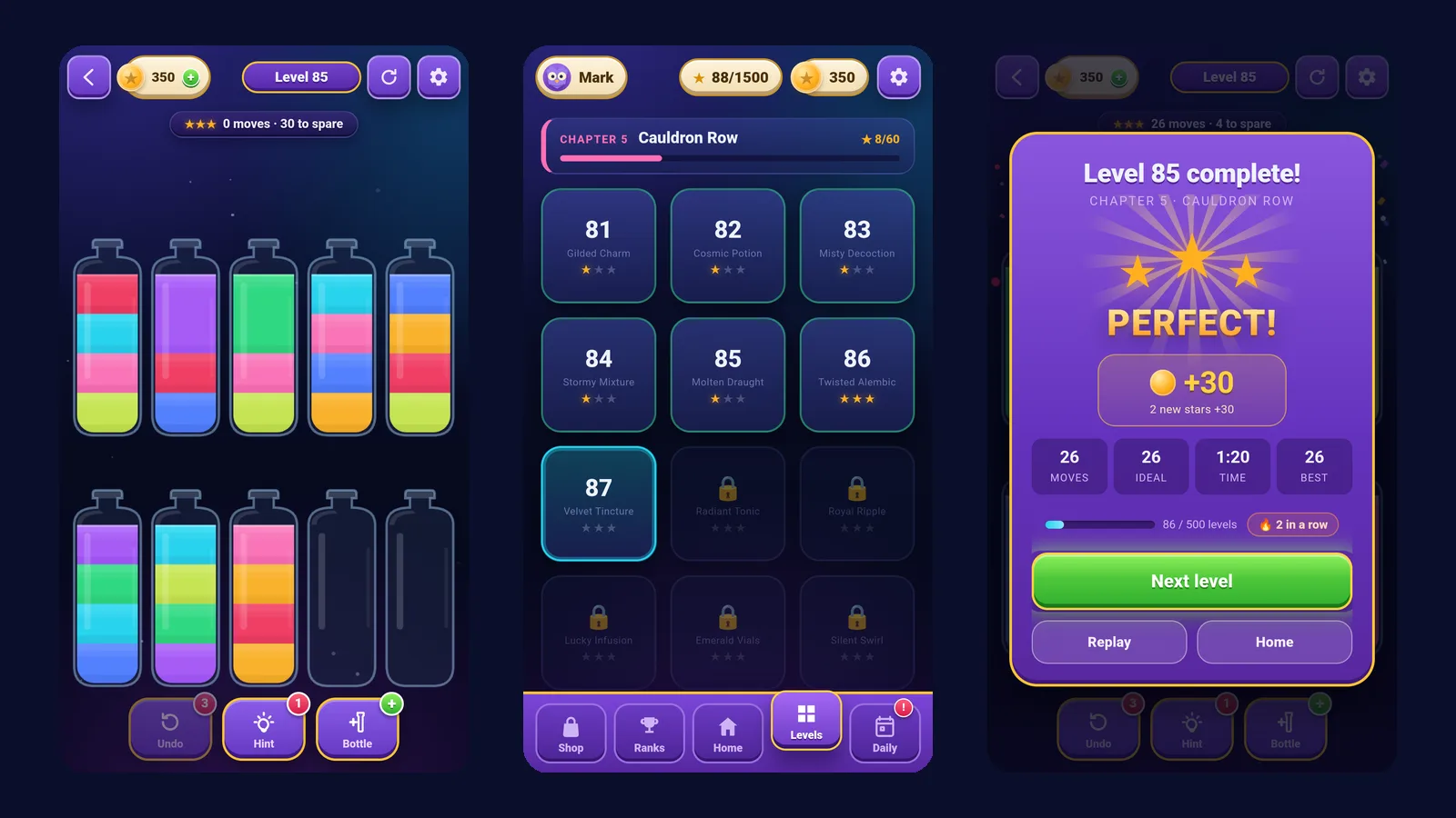 Three screens from Prism Potions: a level in progress, the chapter map and a three-star "Perfect" win. These are launch-version screenshots, taken while the campaign was still 500 levels long.
