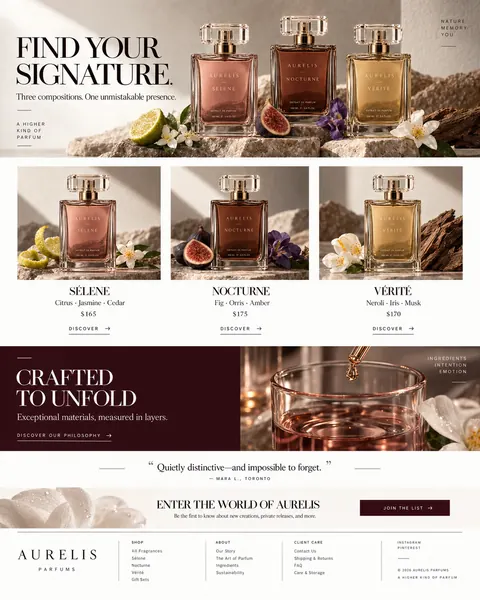 Aurelis: collection page design showing three fragrances with notes and prices