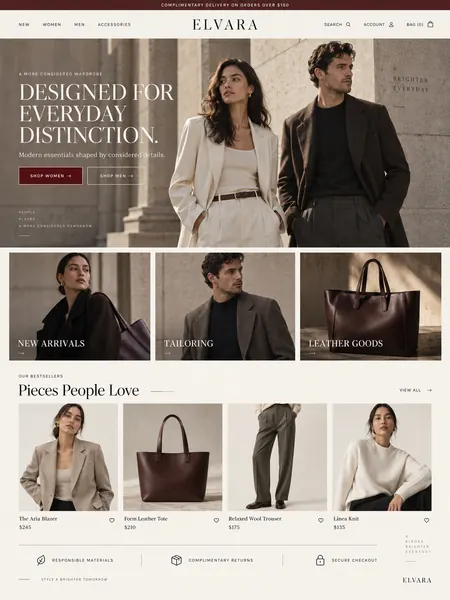 Elvara: storefront design for a modern essentials fashion brand