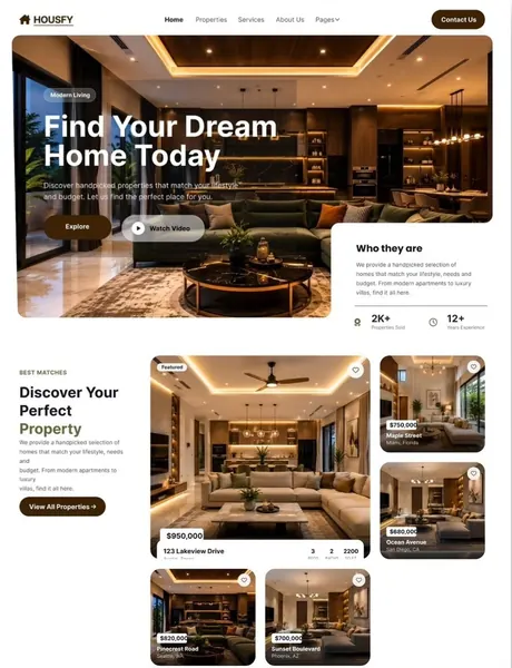 Housfy: property search homepage design for a real estate brand
