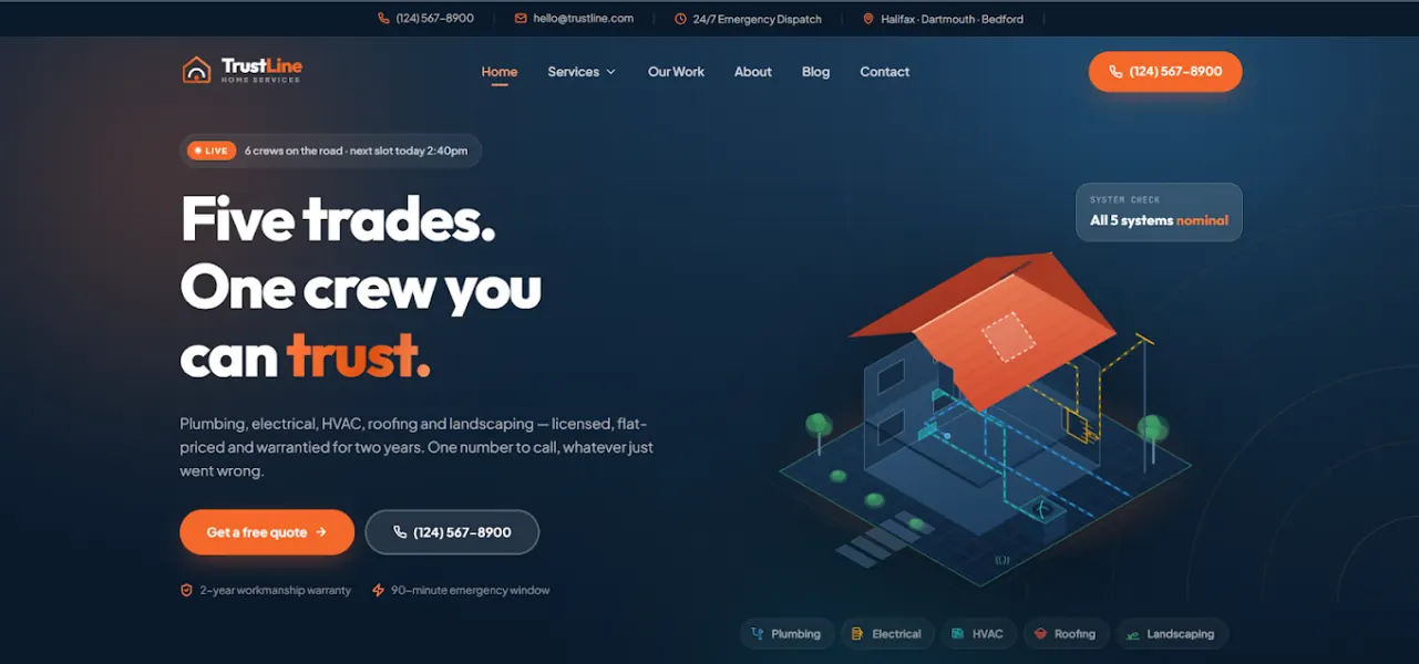 TrustLine: homepage design for a five-trade home services company